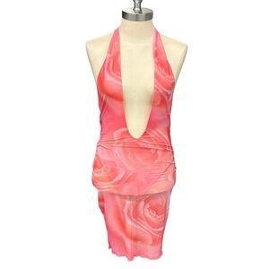 Oh Polly Pink Coral Halter Rose Print Bodycon Mesh Dress